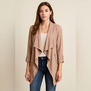 Dalia Open Front Waterfall Blazer, Dusty Pink Roll Tab Sleeve Jacket S Modest